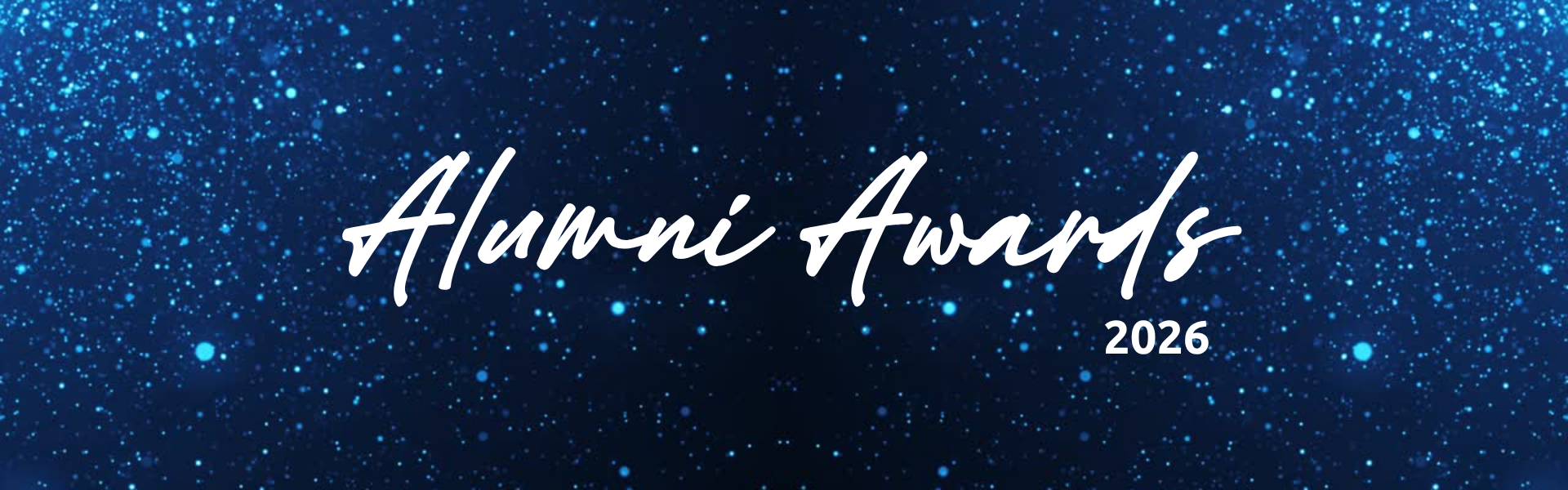 Blue sparkles on banner text reads Alumni Awards 2026